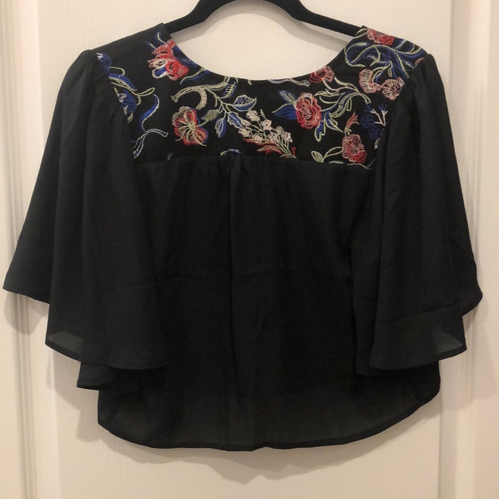 Black Crop Top, Embroidered Floral Back.